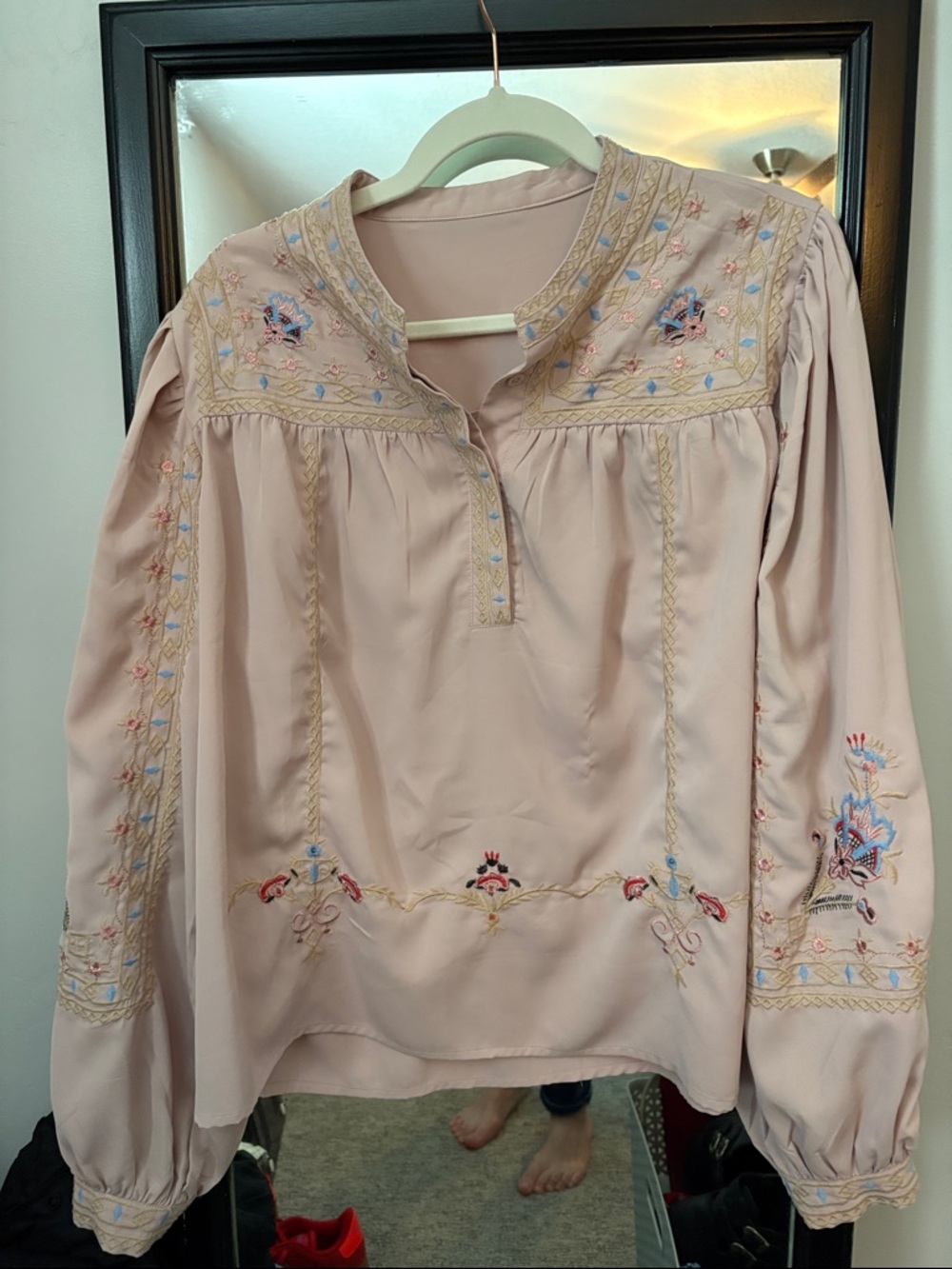 Women's Embroidered Pink Peasant Blouse